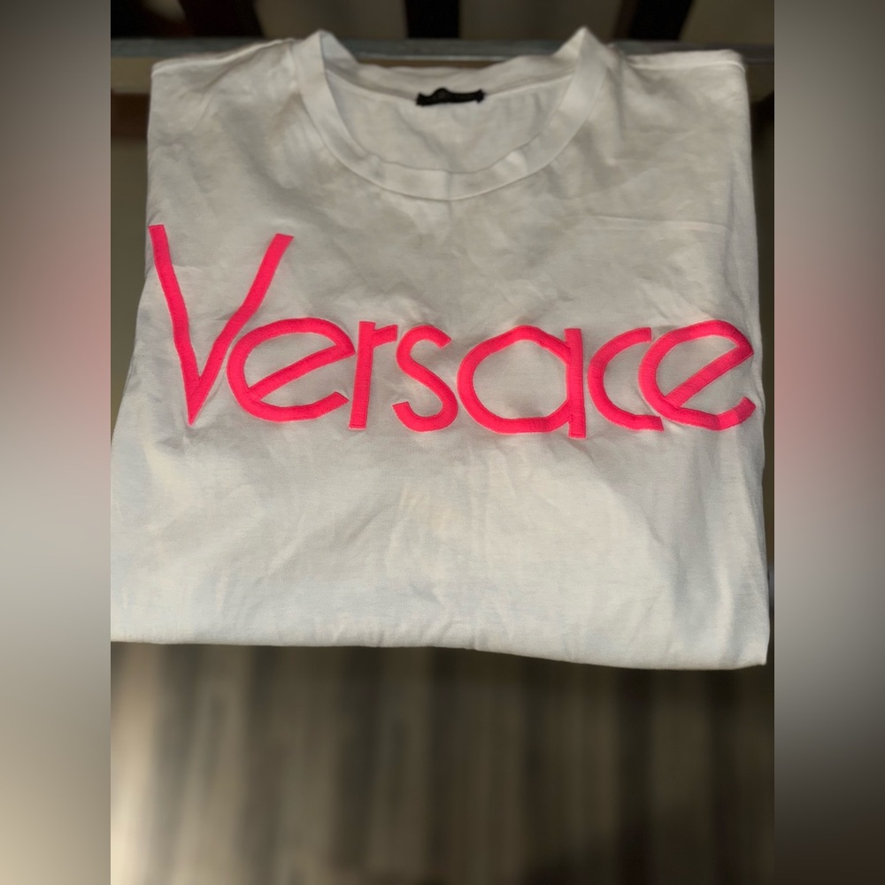 Versace White T-Shirt with Pink Logo